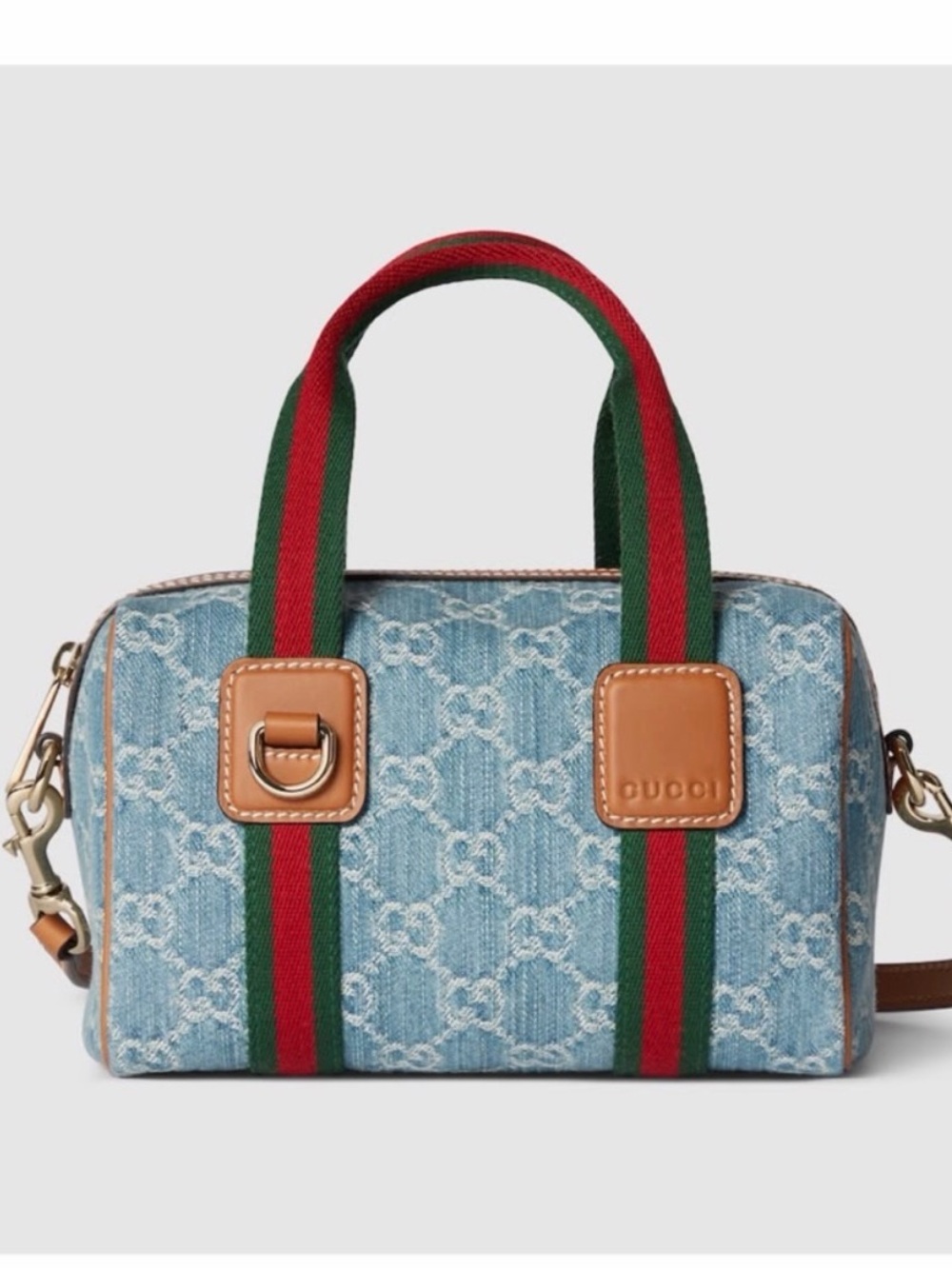 Gucci Light Blue Denim Mini Duffle with Green-Red Web Handles